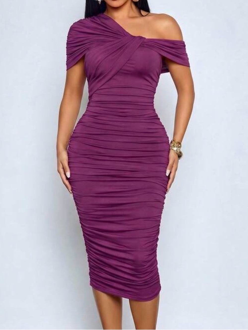 Ruched One-Shoulder Dress (Plum)